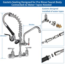 KWODE Commercial Sink Faucet with Pull Down Sprayer 8 Inch Center Wall Mount Kitchen Faucet with 8" Swivel Spout, 20" Height Pre Rinse Faucet for 1 Compartment Sink, Brass Constructed Chrome
