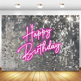 Withu Silver Sequins Pink Neon Happy Birthday Backdrop for Photography Shining Flash Stars Shimmer Wall Decoration Banner Princess Girls Women Bday Party Background 7x5ft