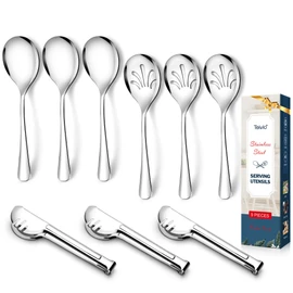 Teivio Stainless Steel Metal Serving Utensils - Large Set of 9-10" Spoons, 10" Slotted Spoons, and 9" Tongs (Silver)