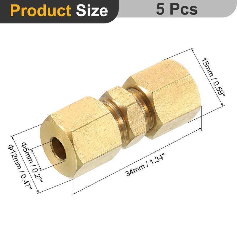 sourcing map 5Pcs Brass Compression Tube Fitting, 5mm Tube OD