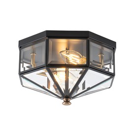 Yonaveil Flush Mount Ceiling Light Fixture, 2-Light Copper Outdoor Ceiling Lights, Octagonal Flush Mount Light with Clear Glass, Black Close to Ceiling Light for Hallway Bedroom Porch Balcony