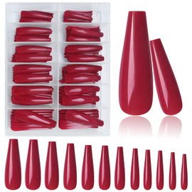 AddFavor XXXL Extra Long Press on Nails Coffin Glossy Red Fake Nails Full Cover Acrylic False Nails 12 Sizes 120pcs Nail Tips for Women Fingernails Manicure Design