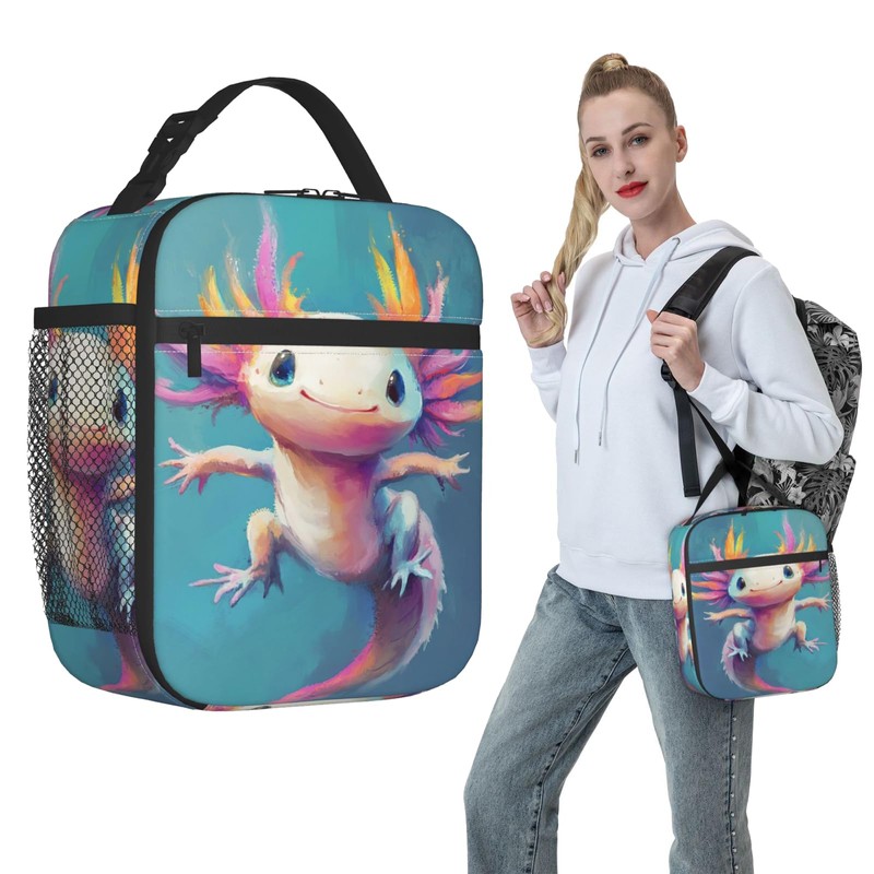 DZUAIKIT Rainbow Axolotl Print Lunch Box Waterproof Reusable Lunch Bag