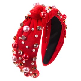 HDMGCR Valentine's Day Headbands for Women Girls Rhinestone Beaded Heart Headband Crystal Wide Top Knot Hair Accessories (823Red)