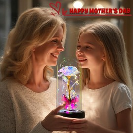 JAJALAND Mothers Day Flowers Gifts for Mom, Galaxy Rose Forever Eternal Crystal Flower Light Up Rose in Glass Dome with Butterfly, Birthday Gifts for Women, Thankgiving Gifts for Grandma Lady Colorful