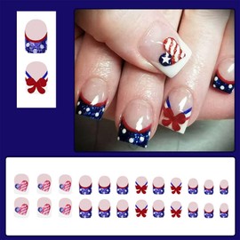 24Pcs 4th of July Press on Nails Independent Day Short Square Fake Nails with Red Bow Design Glitter Heart Shape American Flag false Nails Blue Bling French Tips Stick on Nails for Patriotic Manicure