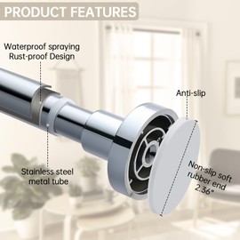 BRIOFOX Shower Curtain Rod Adjustable 18-78 Inch, Stainless Steel Spring Tension Shower Rod No Drilling Non Slip, Chrome