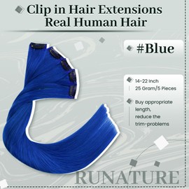 RUNATURE Clip in Hair Extensions Human Hair Blue Seamless Clip in Hair Extensions for Women 14 Inch 25g Blue Hair Extensions Real Human Hair Blue Straight Clip in Extensions with Lace Base 5pcs