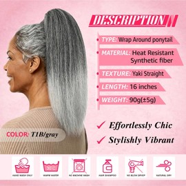 Yaki Straight Ponytail Extension for Black Women,16 Inch Synthetic Wrap-Around Clip-In Ponytail with Magic Paste,Natural Looking for Easy Daily Wear (T1B/Gray Salt and Pepper)