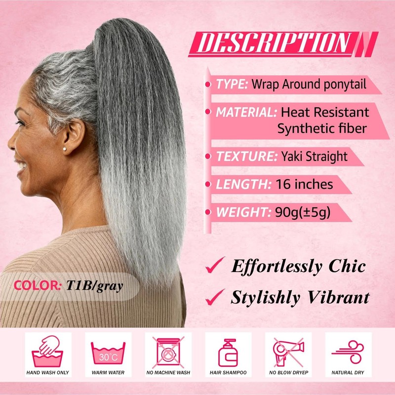 Yaki Straight Ponytail Extension for Black Women,16 Inch Synthetic Wrap-Around