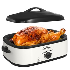 Sunvivi 14-Quart Roaster Oven with Self-Basting Lid, Electric Turkey Roaster Oven with Removable Pan and Rack, Stainless Steel, White