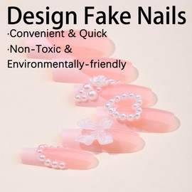 24Pcs French Tip Press on Nails with Charms Designs Medium Long Fake Nails French Heart Nails Press on Cute Rose Flower Stick on Nails Square Shape Acrylic Nails Pearl Nails for Women Daily Wear