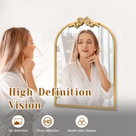 TopCity Vintage Arched Bow Gold Mirror: 27"x19" Large Antique Wall Mirrors with Metal Frame for Bathroom Vanity - Baroque Ornate Bow Decor for Living Room, Fireplace, Entryway, Hallway