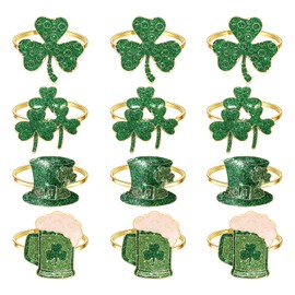 Boderier St Patricks Day Napkin Rings Set of 12,Glitter Green Shamrock Hat Cup Napkin Holder Rings Irish Napkins Buckles for Holiday Party Table Decorations (12pcs Shamrock Hat Cup)