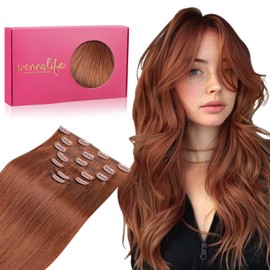 WENNALIFE Clip in Hair Extensions, 22 Inch 120g 7pcs Clip in Hair Extensions Real Human Hair, Dark Auburn Copper Human Hair Clip in Extensions Remy Human Hair Extensions Clip Ins Double Weft