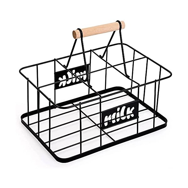 Bekith 6 Unit Milk Bottle Holder Wire Metal Doorstep Milk Crate Rustic Farmhouse Wire Bottle Carrier with Handle, 29 x 20 x 13 cm
