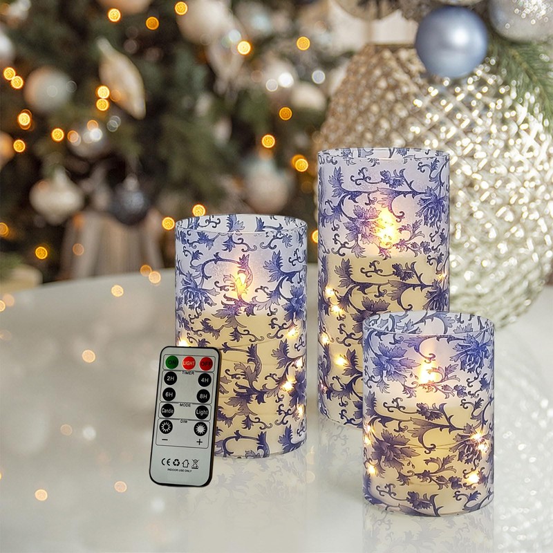 Flickering Flameless Candles Blue and White Porcelain Print, Embedded Star
