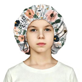 Kids Shower Cap Reusable Waterproof Adjustable Double Layer Elastic Dry Hair Bathing Caps Cute for Girls Boys-Flower
