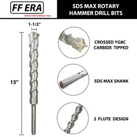 Sogawave 1-1/2 Inch x 15 Inch SDS MAX Rotary Hammer Drill Bit – U-Flute - Masonry Drill Bits with Carbide Tipped for Brick, Stone, Concrete – SDS MAX Divers ONLY (1-1/2''x15'')