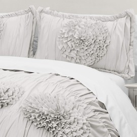 Lush Decor 16T003332 Light Gray Serena Comforter Ruched Flower 3 Piece Set King