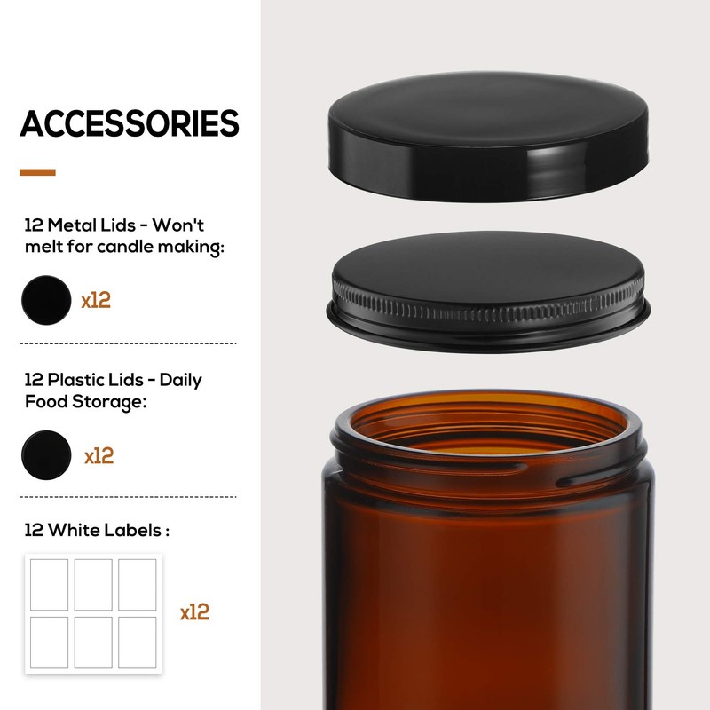 12 Pack, 8 OZ Dark Amber Candle Jars for Making