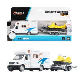 Toi-Toys Camper with Snowmobile Trailer, Metal Toy Car, Caravan & Snow Vehicle, Pull-Out Motor, Model Car from 3 Years