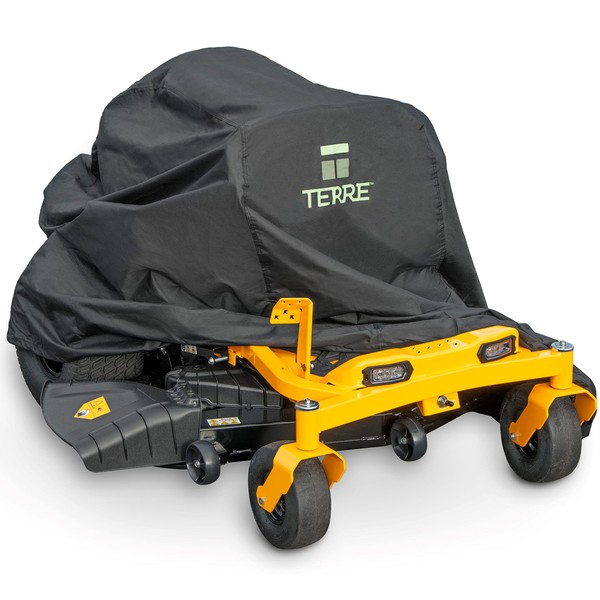 Terre Products, Zero-Turn Gas and Battery Powered Lawn Mower Covers, Waterproof Heavy Duty Fits Up to 60” Mower Decks, 600D Polyester Oxford UV and Water Resistant, Windproof Buckle Strapping Designed for Storage and Trailering