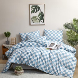 Wellboo Blue White Plaid Comforter Sets Twin Women Men Light Blue and White Checkerboard Grid Bedding Comforters Cotton Boys Girls Modern Dusty Blue Checkered Geometric Quilts Luxury Sky Blue Bed