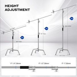 Heavy Duty C Stand 6.9ft/210cm with Holding Arm Sandbag Grip Head Stainless Steel Photography Light Stand C-Stand Sturdy for Photography Studio Video Monolight Softbox Shooting (Silver)