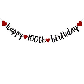 Happy 100th Birthday Banner, Pre-Strung,Black and Red Glitter Paper Garlands for 100th Birthday Party Decorations Supplies,No Assembly Required,Glitter Red and Black,SUNbetterland