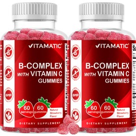 Vitamatic Vitamatic Vitamin B Complex Gummies with Vitamin C & Inositol - Natural Strawberry Flavor - 60 Gummies (2 Bottles)