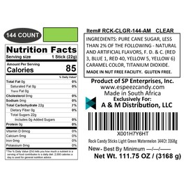 Extra Large Rock Candy Sticks: 144 Watermelon Lollipop - Light Green Rock Candy Sticks - Individually Wrapped - For Candy Buffet, Birthdays, Weddings, Receptions and Baby Shower - Espeez Bulk Candy