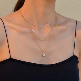 Yheakne Vintage Layered Crystal Choker Necklace Hollow Cross Necklace Gold Round Solitaire Pendant Necklace Multi Layering Chain Necklace Jewellery for Women, Zinc