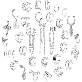 Diamday Ear Cuff Set Ear Cuff Earrings Clip on Wrap Earring Non Piercing Cartilage Cuff Chain Earrings Ear Cuff for Women Adjustable Snake Butterfly Ear Cuffs 32 Pieces, Metal