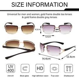 EDLMKM 2 Rimless Women's Sunglasses, Retro Vintage Glasses Rimless, Womens Sunglasses, UV Protection Slim Rectangular sunglasses Women