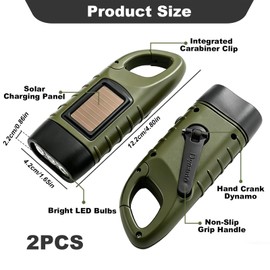 2 Pack Wind Up Torch, LED Torch with Solar Power and Hand Crank, Emergency Light with Carabiner Hook Super Bright Portable Camping Light Emergency Flashlight for Hiking, Outdoor Survival Gear