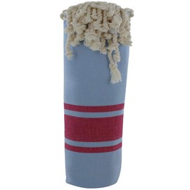 LES POULETTES - Towel Cotton Fouta Hammam or Beach Blue Sky Color Fuchsia Stripes