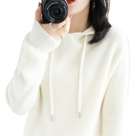 NIAIRKE Womens Cashmere with Pullovers,Winter Casual Knitting Hoodie Fashion Sweater,Fall Drawstring Thick Sweater (White,XXL,XX-Large)