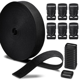 CooBigo 1" Buckles Straps Set:6 Pack Quick Release Buckles+10 Yard Webbing Straps 1 Inch Wide+12 Pcs Tri-Glide Sliders, Plastic Buckle Dual Adjustable Webbing No Sewing