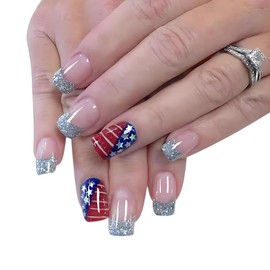 4th of July Nails - Fourth of July Nails Medium Square Press On Nails Fake Nails with Stars Silver Glitter French Tip Nails Design, Acrylic Artificial False Nails Press Ons Stick On Nails for Women