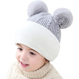 Uniyoung Baby Girls Boys Winter Warm Hat Kids Children Knit Double Pom Pom Beanie Hat Earflap with Fleece Lining Skiing Snowboard Cap (Grey)