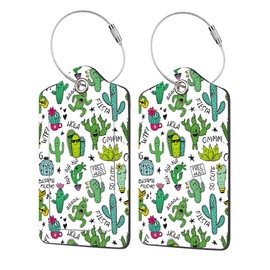 EOBKLAX 2 Pack Luggage Tags for Suitcases,Colorful Cartoon Cactus Luggage Tag,PU Leather Id Label Luggage Tags with Stainless Steel Loop and Privacy Cover for Women Men Teens Travel