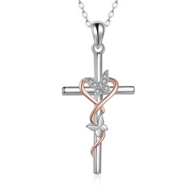 TIGER RIDER 925 Sterling Silver Cross Necklace for Women Butterfly Cross Pendant Christian Jewelry Gifts for Mom Wife (14-Butterfly Cross Necklace2)