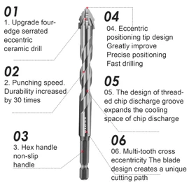 Four-Flute Sawtooth Eccentric Drill Bit Set, Tungsten Steel Carbide Serrated Bits, High-Strength Dry Drill Bits with 4-Edged Design, for Wood, Marble, Metal, Concrete & Tiles (Primary Colours-12pcs)