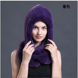 Winter Warm Real Rex Rabbit Fur Hat Women 2-in-1 Function Hoods with Scarf Hats Hooded Muffler Fur Headband Cap (Purple)
