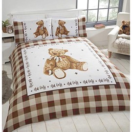 Rapport Home Hug Me Teddy Bear Checkered Reversible Cream Single Duvet Cover Set