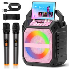 VICTRESS Portable Karaoke Machine for Adults 45W Coaxial Speaker with 2 Wireless Mics,Bluetooth 5.3 PA System,4000mAh Rechargeable Battery,7 LED Modes & Multi-Mode Playback for Home/Outdoor Fun,Pink