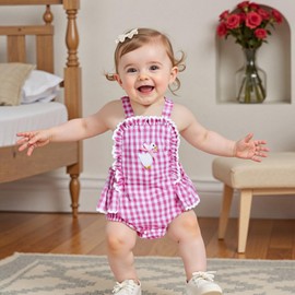 Baby Girl Summer Outfit Goose Embroidery Plaid Ruffled Trim Sleeveless Bubble Romper Infant Bodysuit Cute Farm Clothes (Pink, 12-18 Months)