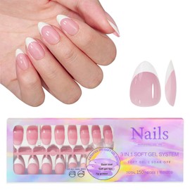 Roucerlin 150 Pcs 3 in 1 Fake French Tip Press On Nails Short Almond, Pre-formed Soft Gel Nail Tips Full Cover, Stick Glue On Nails, Reusable False Nail Tips Extensions for Home DIY 15 Sizes (Pink)