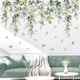 wondever Hanging Green Leaves Wall Decals Hanging Vines Plants Leaves Peel and Stick Wall Art Stickers for Bedroom Living Room TV Wall